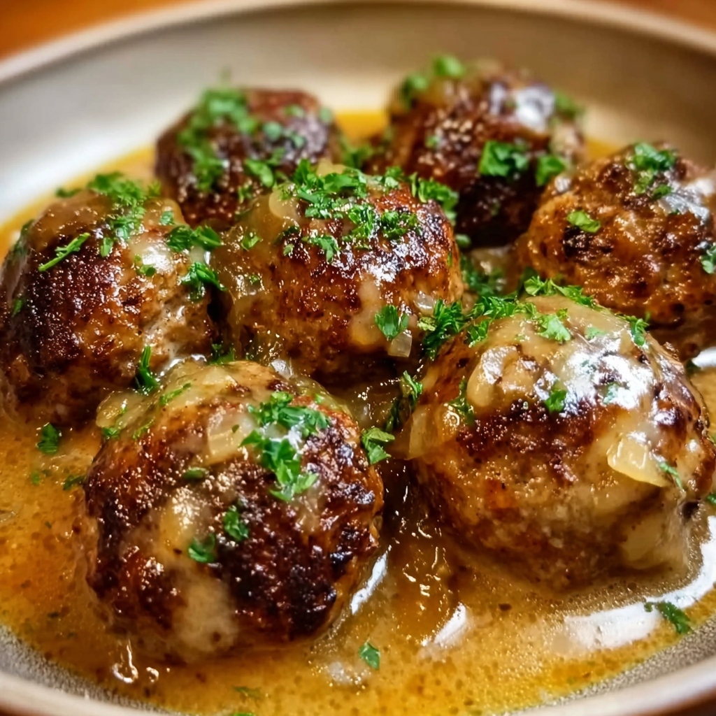 Savory French Onion Meatballs with Rich Onion Sauce