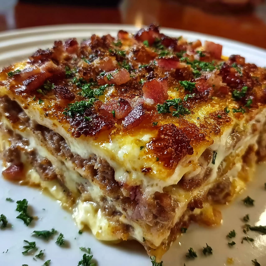 Savory Parmesan Garlic Bacon Cheeseburger Lasagna