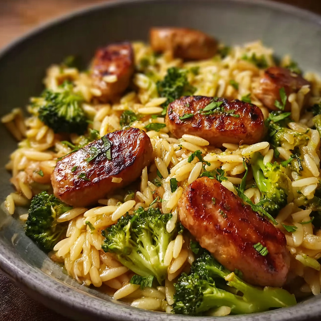 Charming Orzo Dinner with Chicken Sausage and Broccoli