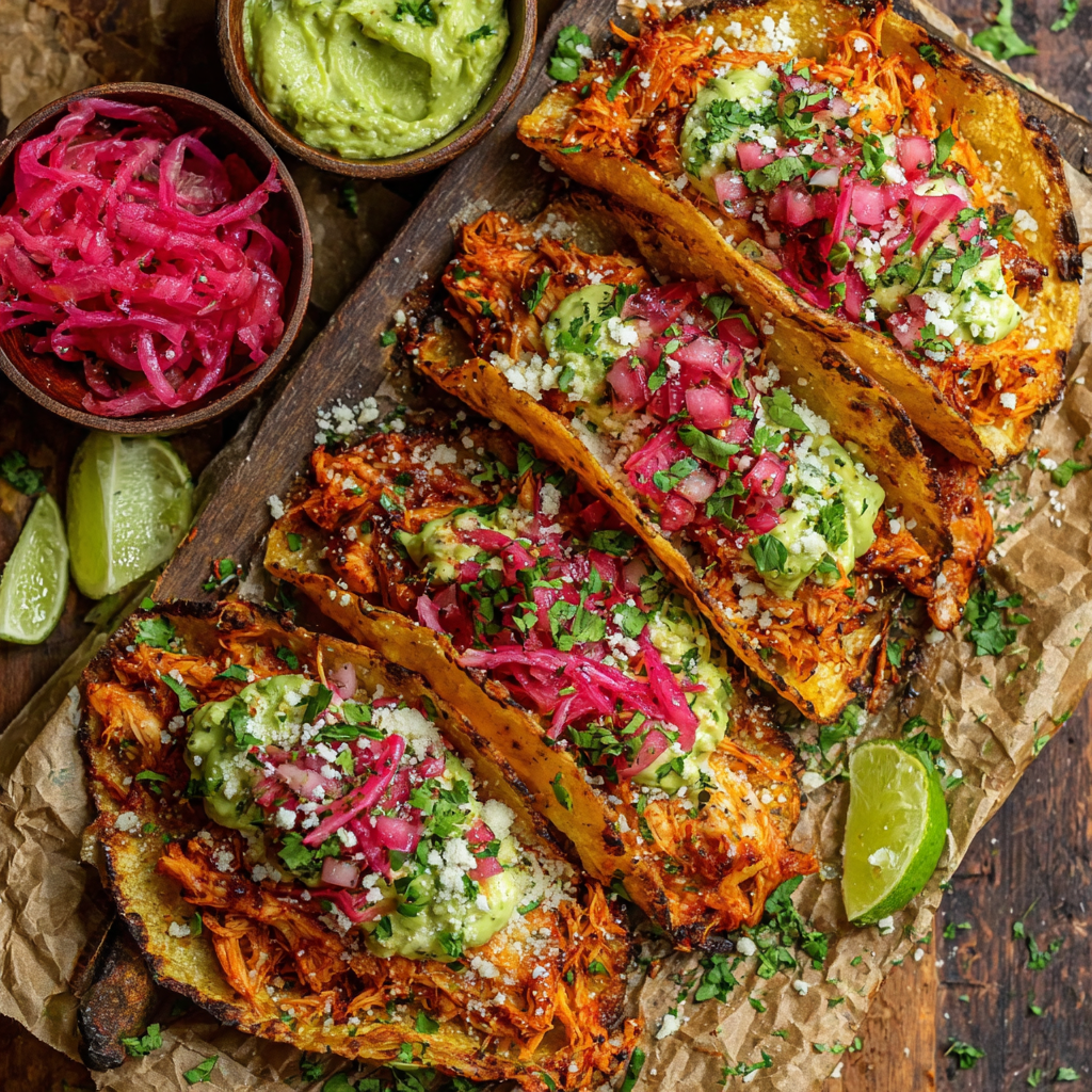 Crispy Chicken Tinga Tacos with Avocado-Jalapeño Crema