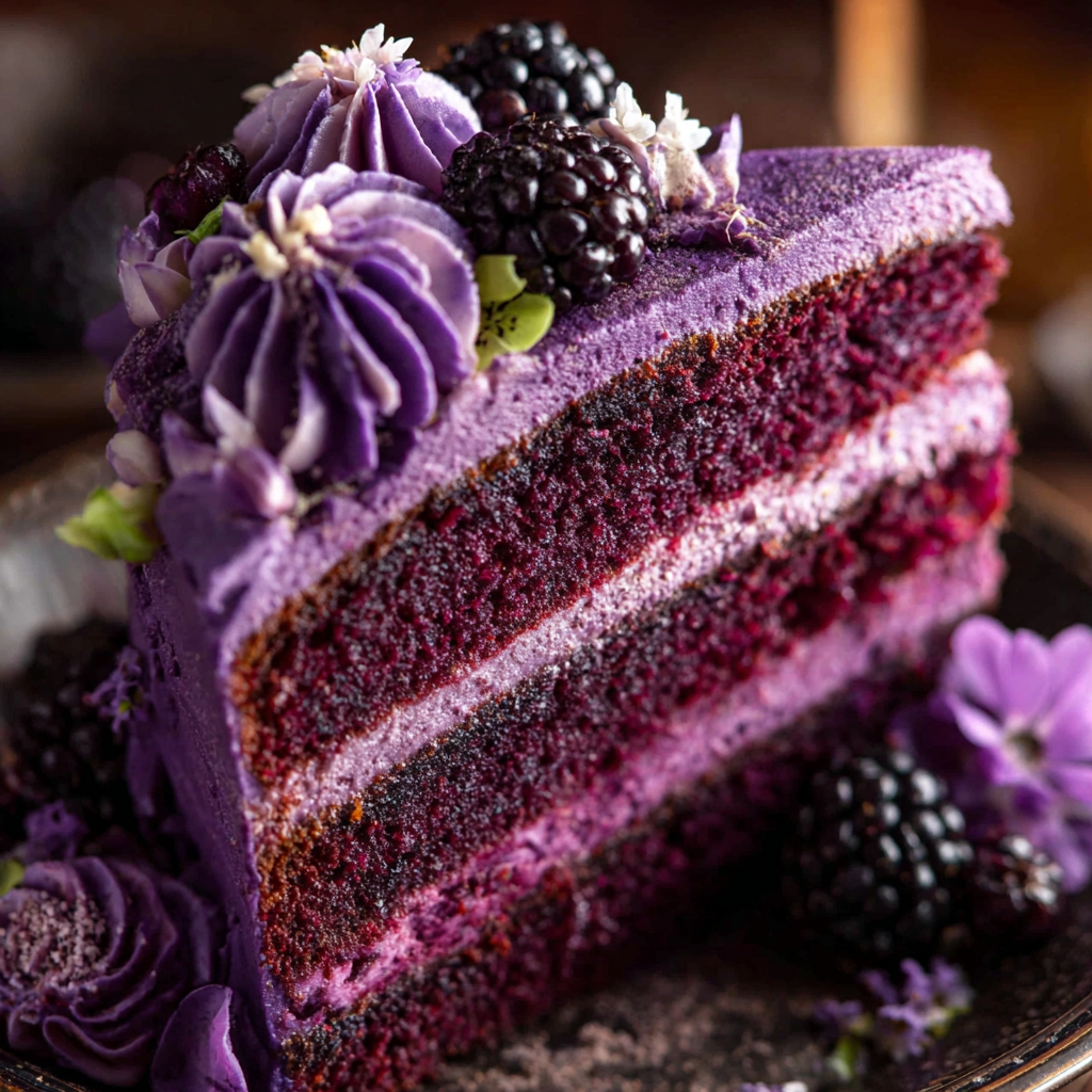 Delicious Blackberry Layer Cake with Purple Frosting