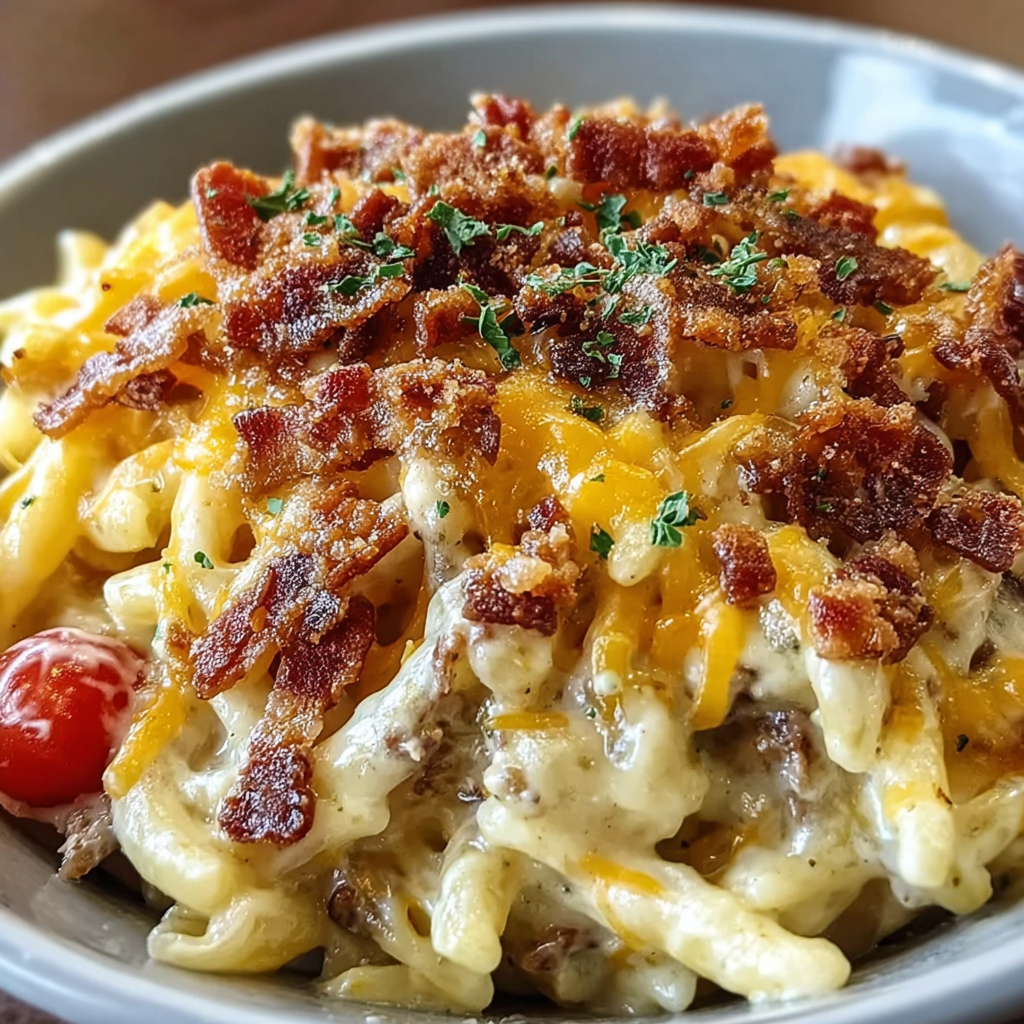Satisfying Loaded Bacon Cheeseburger Alfredo Pasta