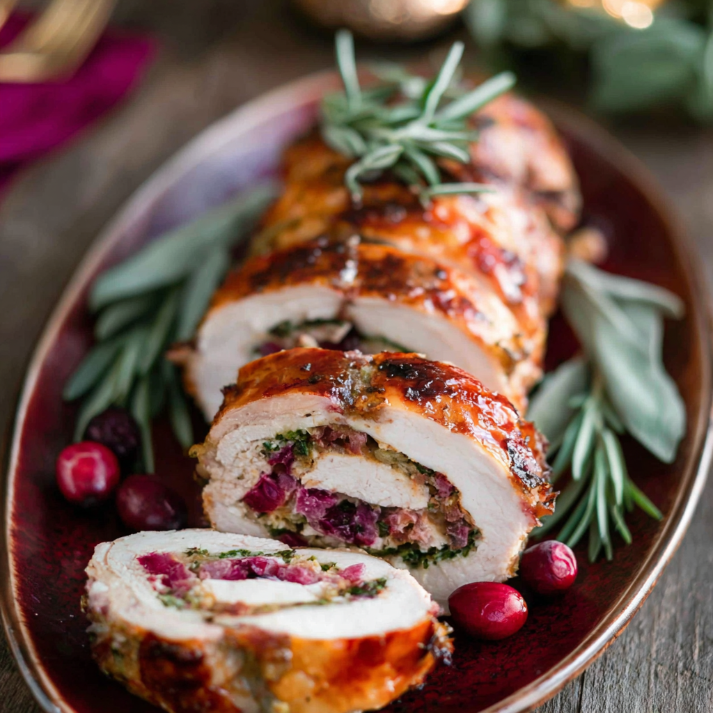 Savory Turkey Roulade with Cranberry-Sage Stuffing