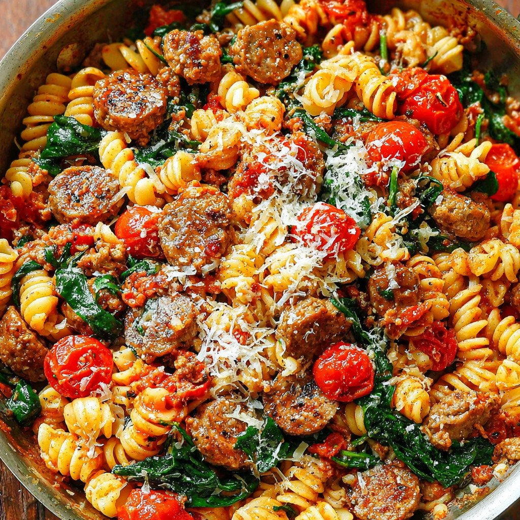 A Savory Blend of Tomato, Spinach, and Sausage Pasta