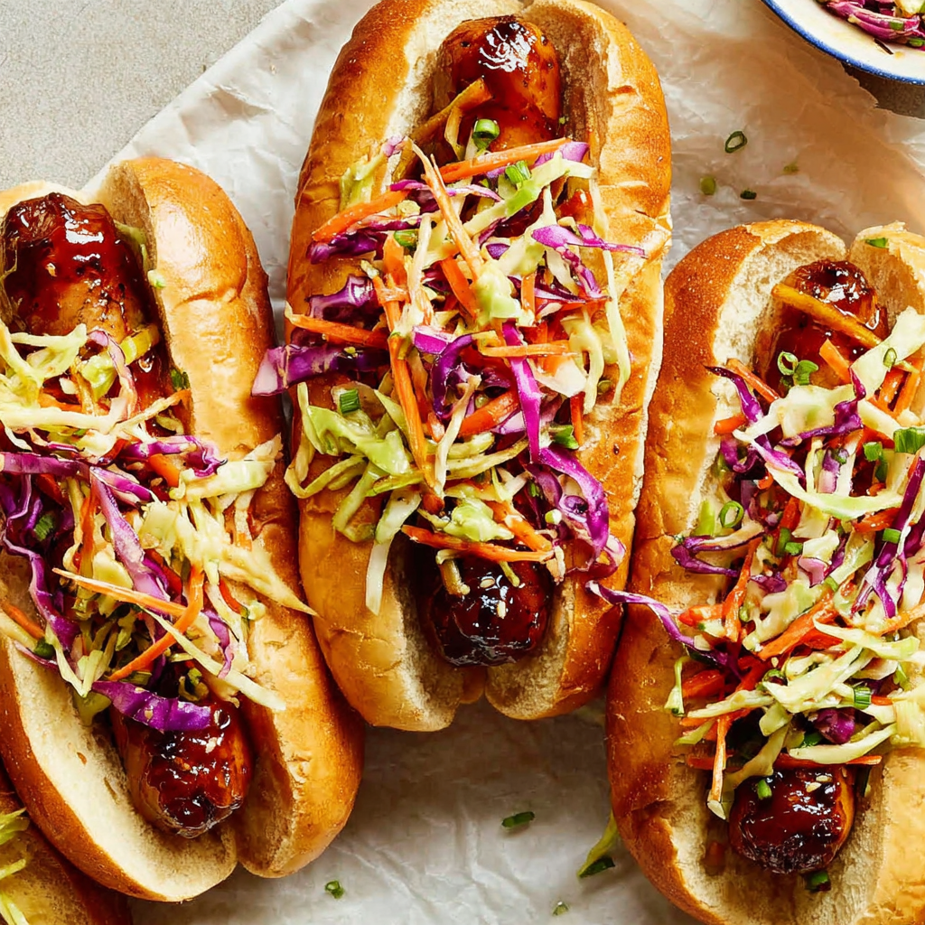 BBQ-Glazed Hot Dogs with Spicy Slaw Delight