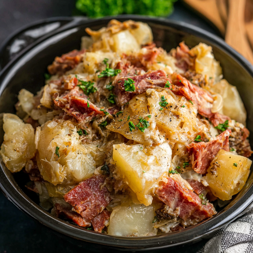 Delicious Slow Cooker Corned Beef Hash Au Gratin