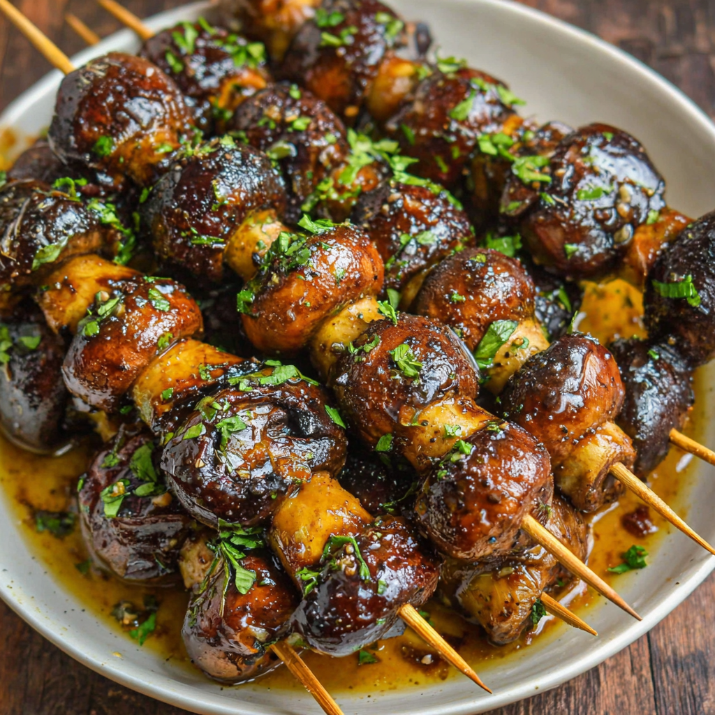 Savory Balsamic Garlic Grilled Mushroom Skewers