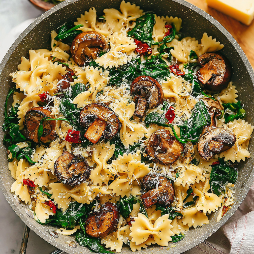 A Creamy Parmesan Spinach Mushroom Pasta Skillet