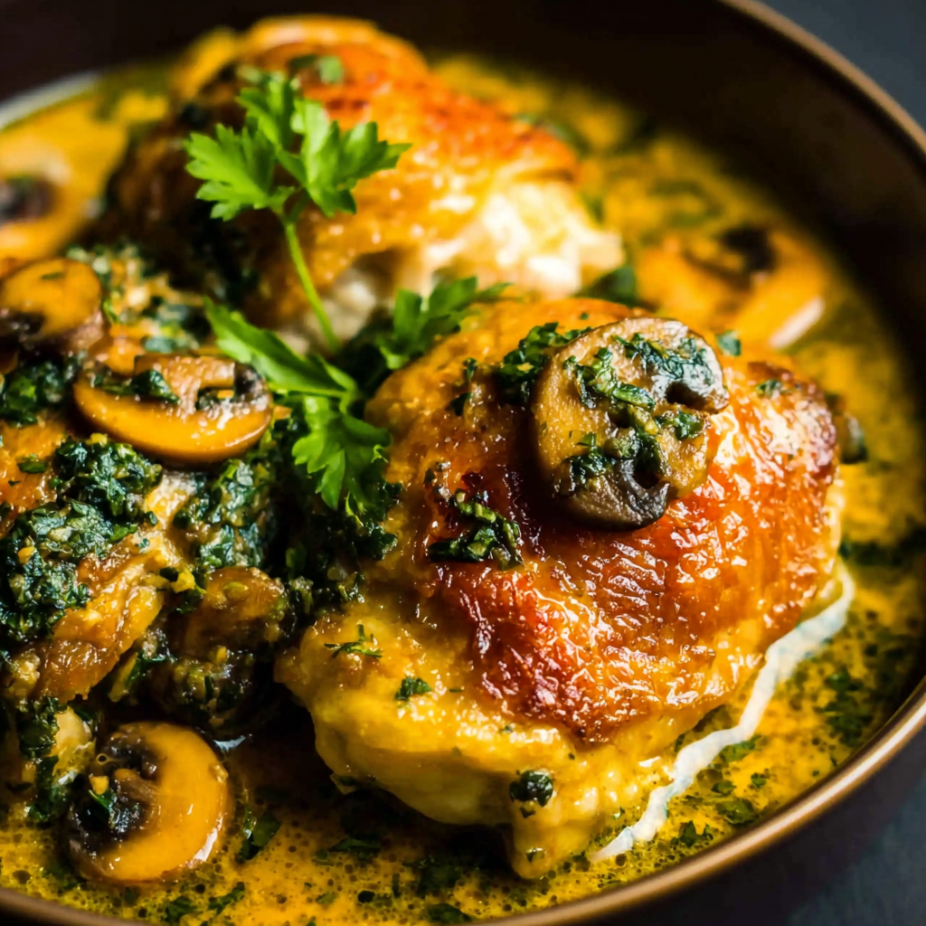 Chicken Thighs in Creamy Mushroom Garlic Sauce