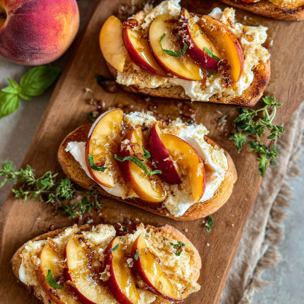 Delicious Peach Burrata Parmesan Crostini with Hot Honey