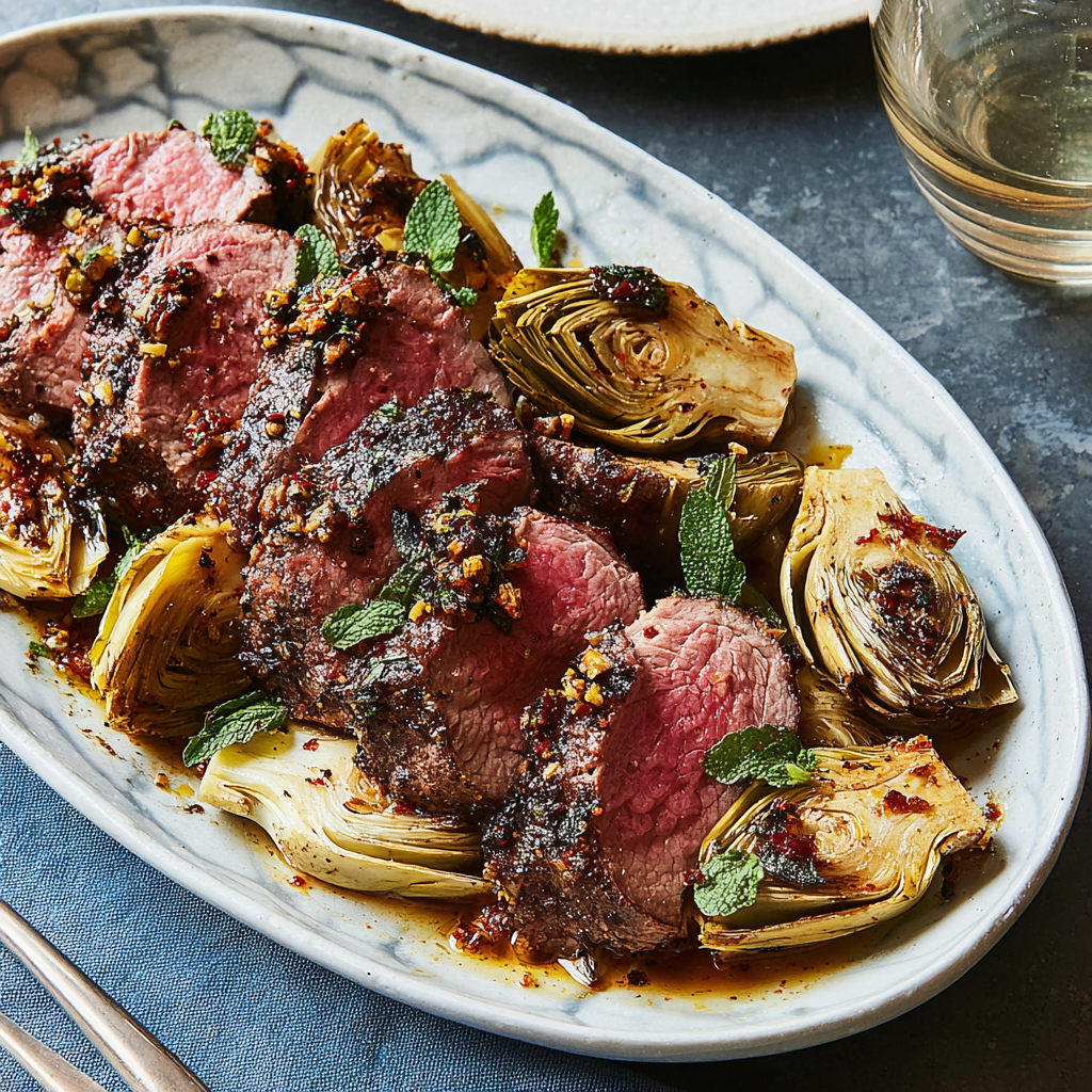 Delicious Sumac-Rubbed Lamb with Minty Artichokes