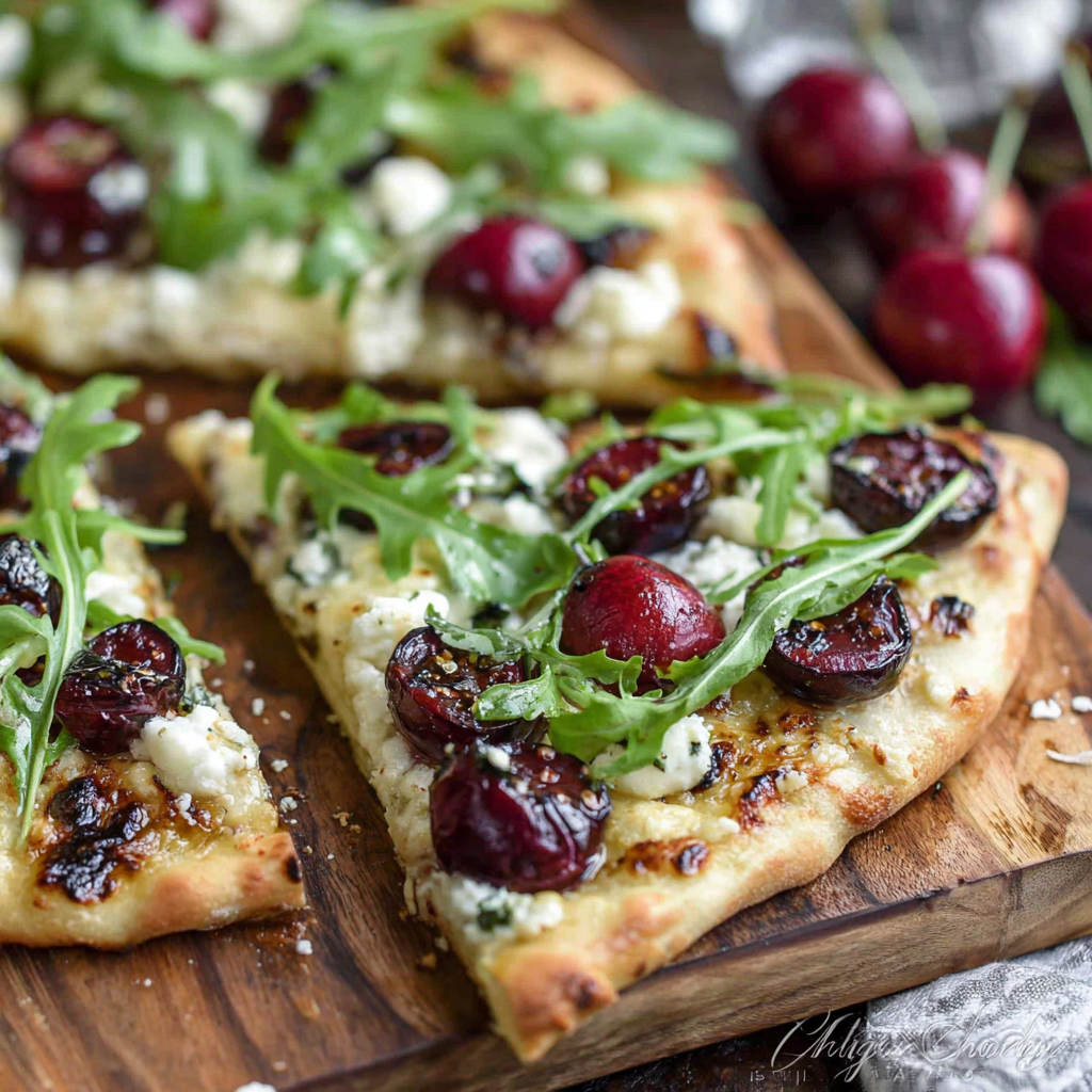 Delightful Grilled Cherry, Goat Cheese, and Arugula Pizza