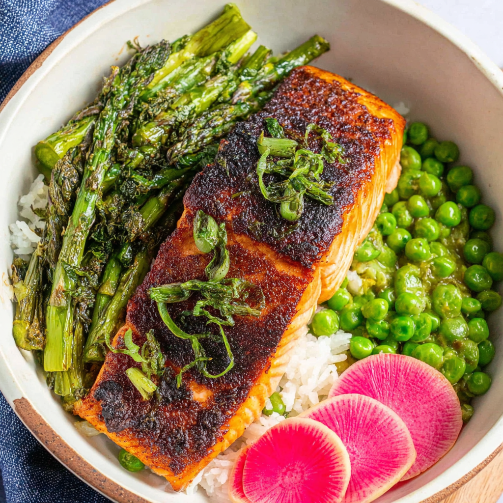 Delightful Spring Salmon Bowls with Asparagus and Peas