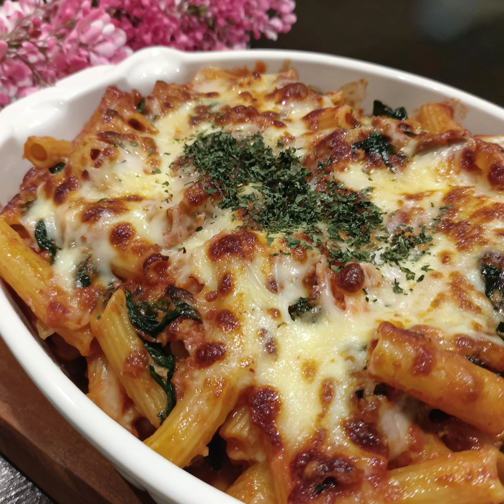 Flavorful Baked Ziti Enhanced with Spinach