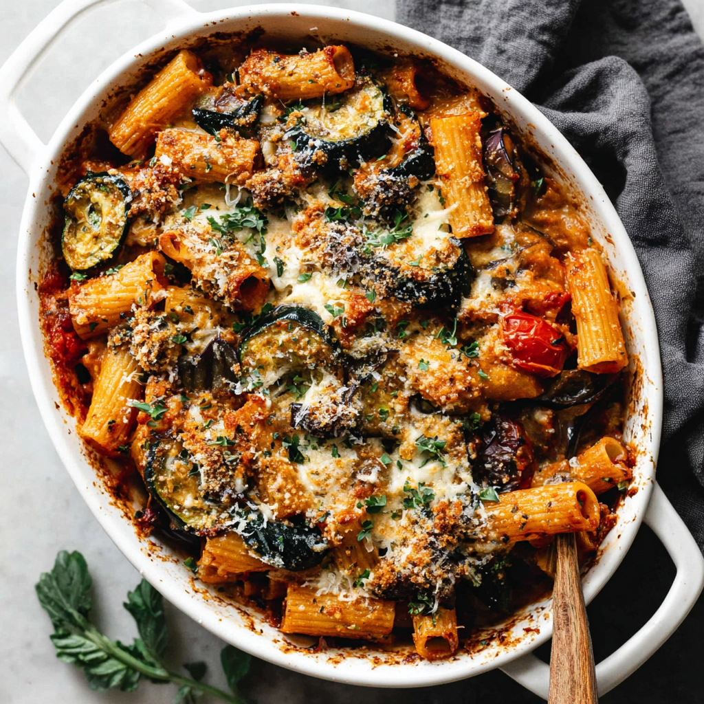 Savory Eggplant Pasta Bake with Tomato and Zucchini