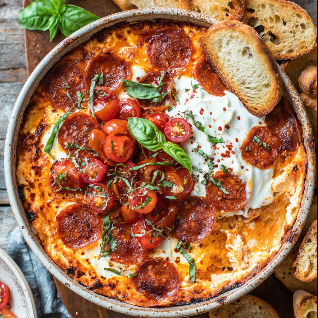 Savory Tomato Burrata Pepperoni Pizza Dip Recipe